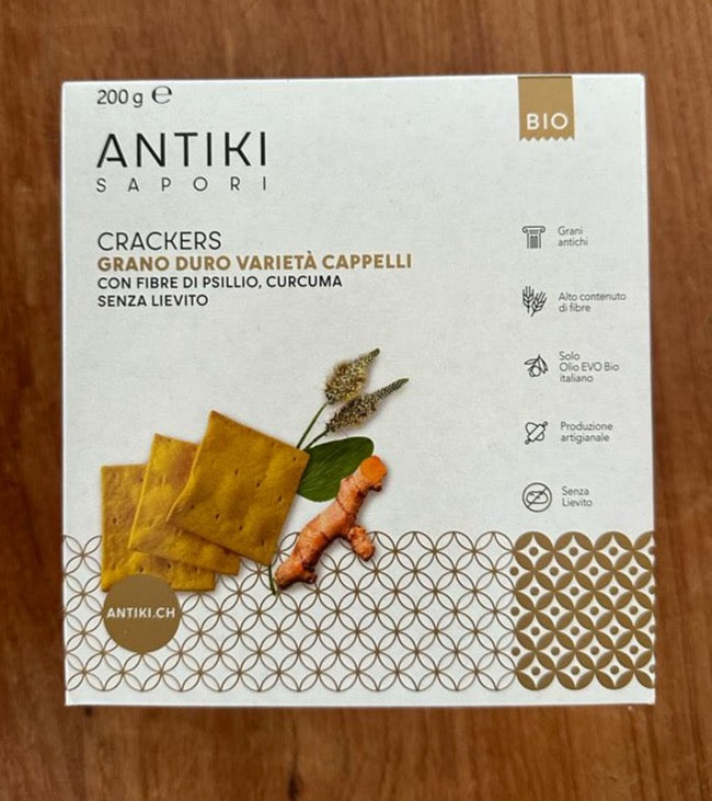 Crackers BIO Antiki di grano duro antico Cappelli con curcuma e fibre di psillo, senza lievito