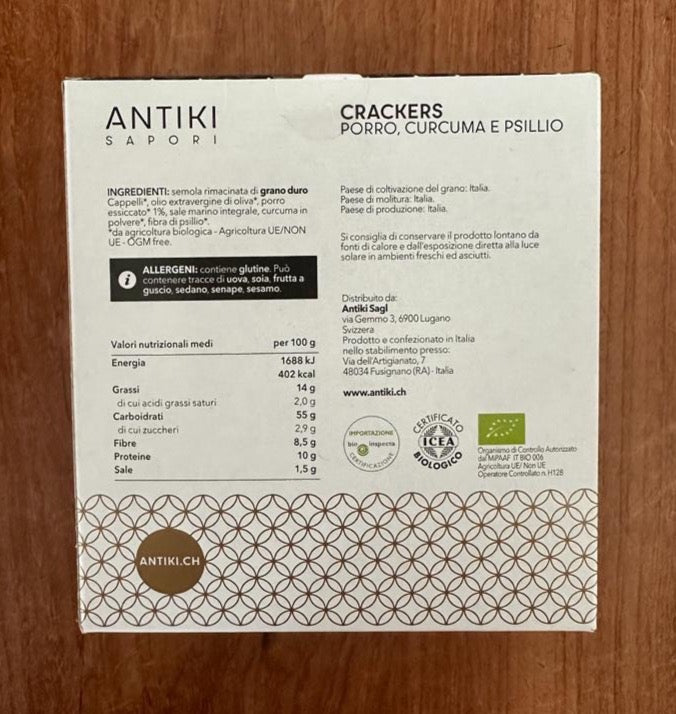 Crackers BIO Antiki di grano duro antico Cappelli con porro, curcuma e fibre di psillio, senza lievito