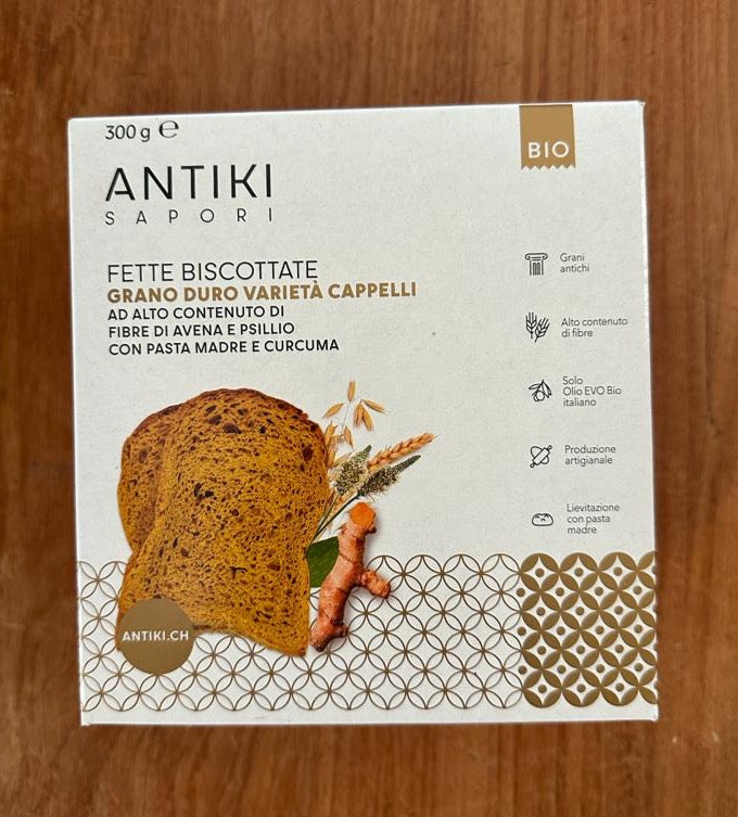 Fette biscottate BIO Antiki di grano duro antico Cappelli con fibre di avena e psillio, pasta madre e curcuma