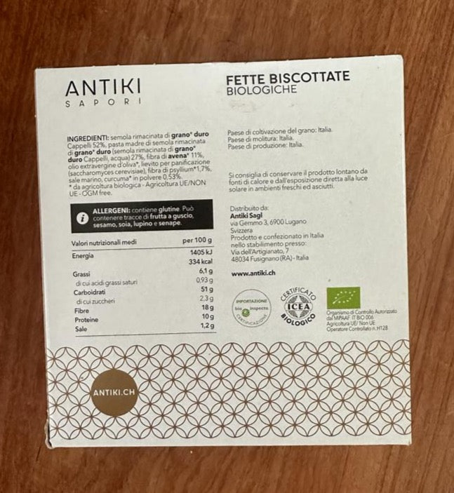 Fette biscottate BIO Antiki di grano duro antico Cappelli con fibre di avena e psillio, pasta madre e curcuma